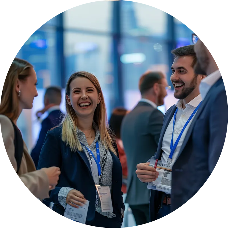 Image of two people talking at tradeshow